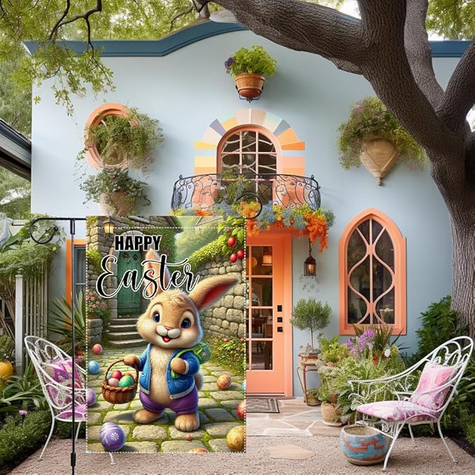 Happy Easter Garden Flag 12x18 Inch Small Double Sided Outside Easter Eggs with Flowers Branches Yard Decoration Seasonal Spring Outdoor Flags Decor