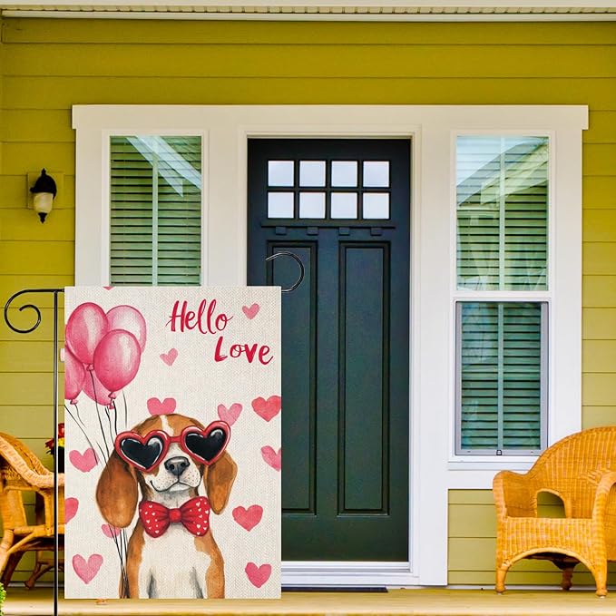 Valentine's Day Beagle Hello Love Garden Flag, House Yard Plaid Love Heart Outside Decoration, Spring Holiday Wedding Anniversary Outdoor Small Decor 12x18(12616)