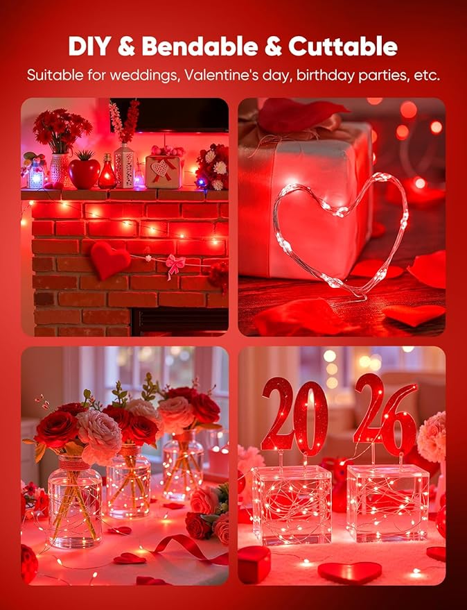 Minetom 12 Pack Red Christmas Lights, 7ft 20 LED Fairy Lights Battery Operated String Lights, Valentines Day Decorations, 8 Modes Timer Waterproof Silver Wire Twinkle Lights, Valentine's Day Lights