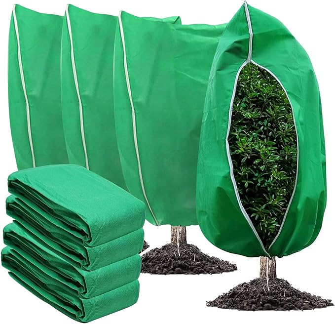 4 Pack Winter Plant Covers Freeze Protection, 47 "x 31" Thickened Frost Blankets for Outdoor Plants, Fruit Trees, Shrubs & Potted Plants | Reusable Cloth Plant Covers Jacket with Drawstring-Green