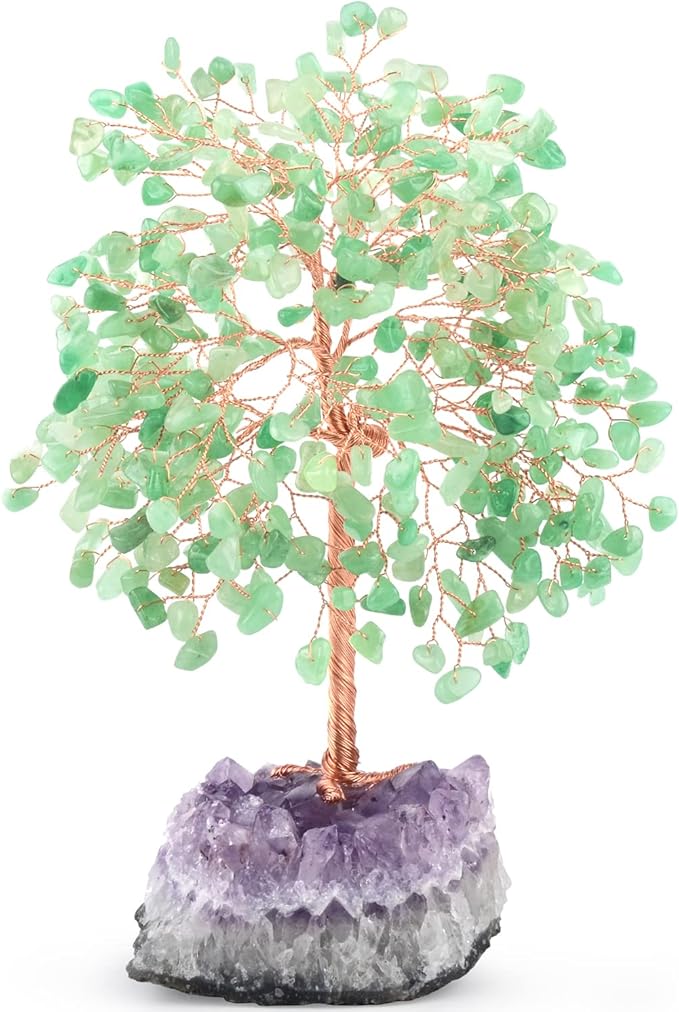 MASGEMES Crystal Tree of Life,Natural Green Aventurine (406 Beads Count) Amethyst Cluster Base, Positive Energy Feng Shui Gem Bonsai Money Tree Good Luck,Gift Size 8.5-9 Inches
