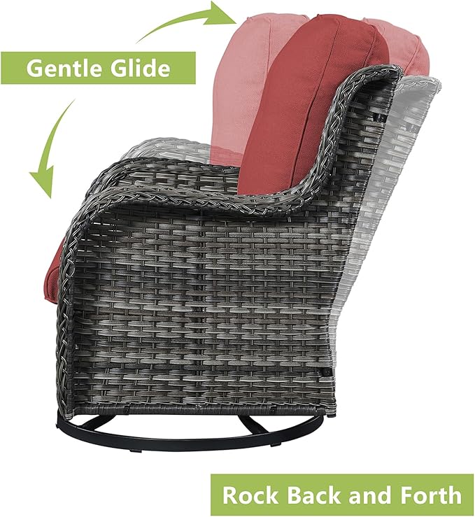Rilyson Wicker Patio Furniture Set - 4 Piece Rattan Outdoor Sectional Conversation Sets with 2 Swivel Rocking Chairs,2 Ottomans for Porch Deck Garden(Mixed Grey/Red)