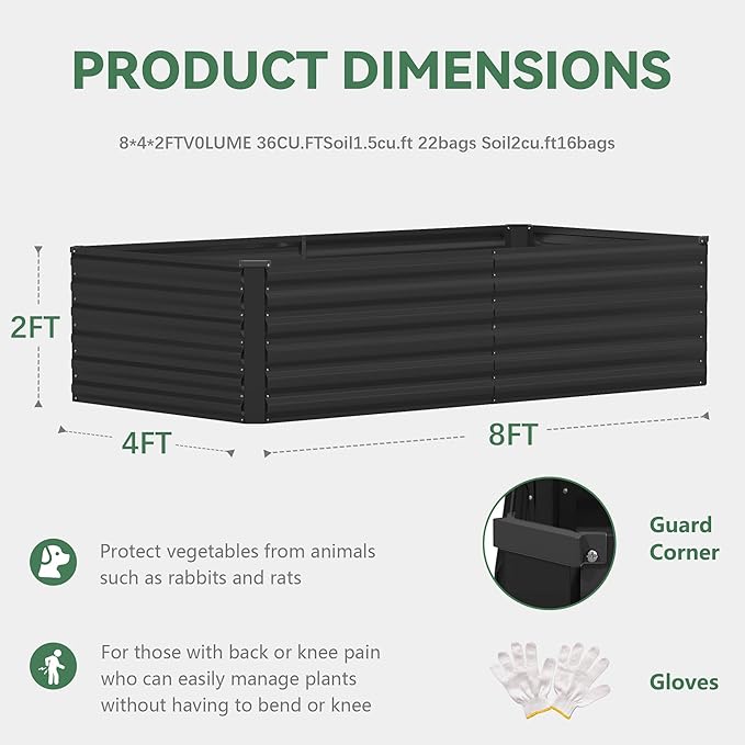 FOOWIN 8x4x2ft Galvanized Raised Garden Bed, Planter Raised Garden Boxes Outdoor, Large Metal Raised Beds for Gardening, Garden Bed for Vegetables, Flowers, Herb,478 Gallon Capacity, Black