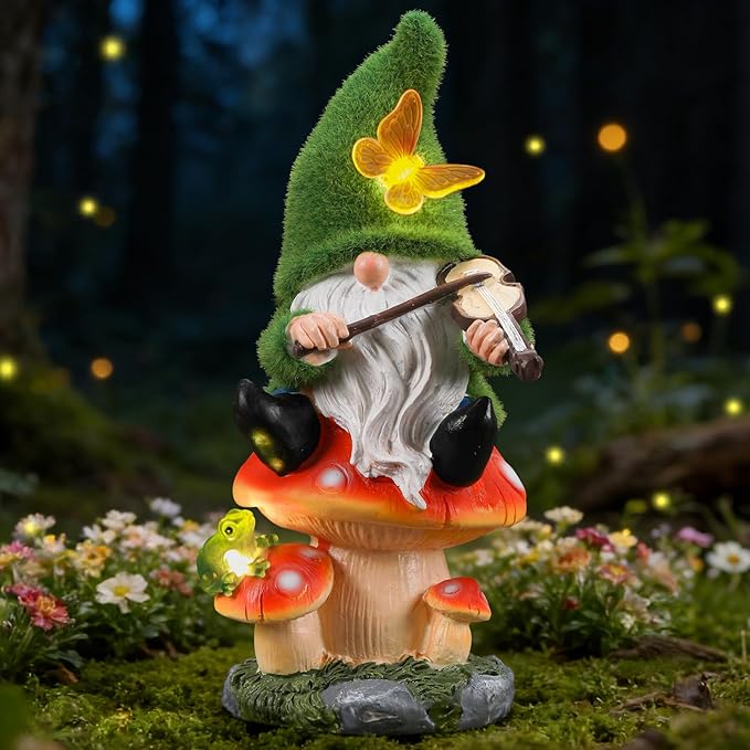 Solar Gnome on Mushroom Stool Statue Decor, Gnome Figurines with Ambiance LED Light for Garden Decorations for Patio Lawn Balcony Fairy Gardens, Housewarming Gifts for Women Mom Grandma