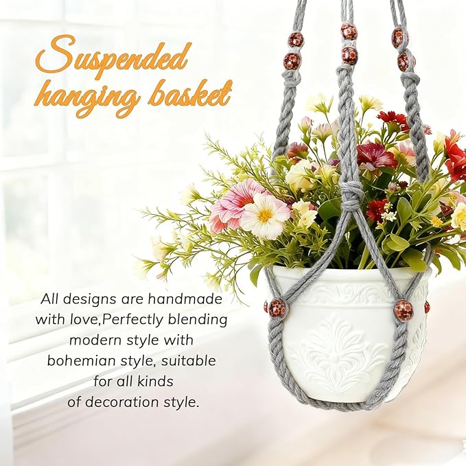 HOREAKHJ 35 Inch Macrame Plant Hanger, Large for up to 15 Inch Pot Extra Long Hanging Planter Holder Basket with Wood Beads for Indoor Outdoor Home Decor (Grey, 1-Pack)