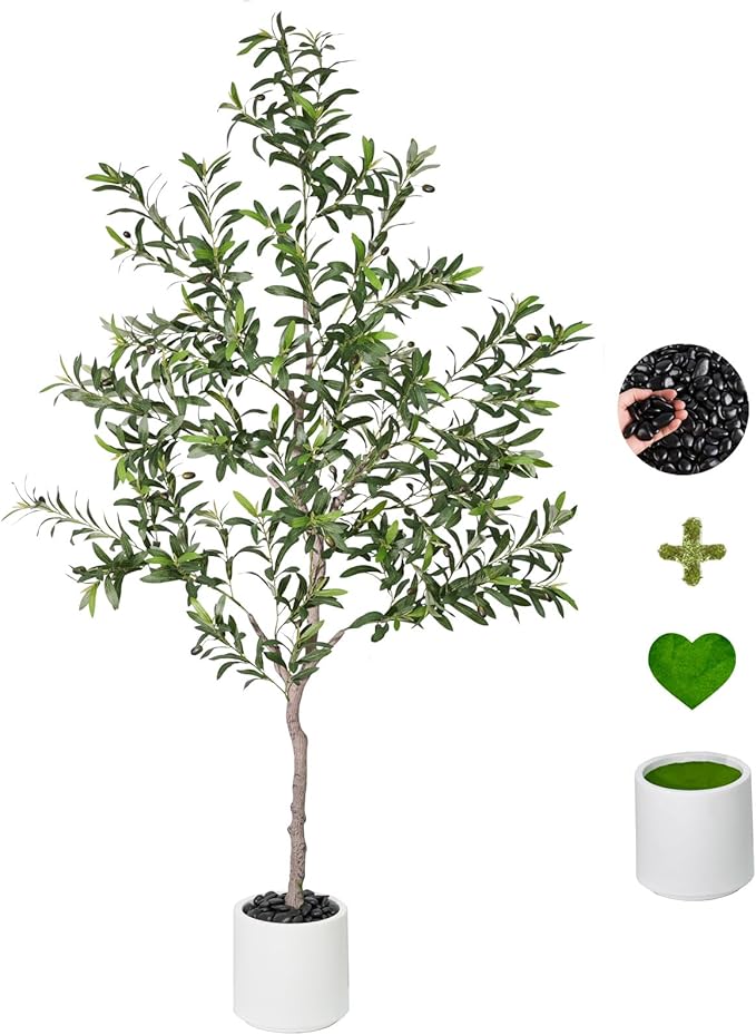 Artificial Olive Trees Indoor,Faux Olive Tree with White Planter Pot,Artificial Plants Lifelike Fruits for Home Office MeetingRoom Living Room Indoor Outdoor Decor(7ft)