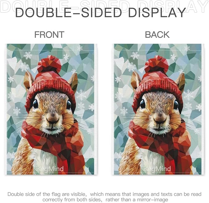 Squirrel with Red Scarf and Hat Snowflake Christmas Garden Flag, 28x40 Inch Double Sided Linen Holiday Red Winter Farmhouse Yard Outdoor Decoration (4320)