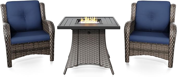 Joyside 3 Piece Wicker Patio Furniture Set with Fire Pit Table, Rattan Patio Chairs with High Back, Deep Seating, Wide Armrest, Thickened Cushions, Outdoor Furniture for Deck, Porch Use