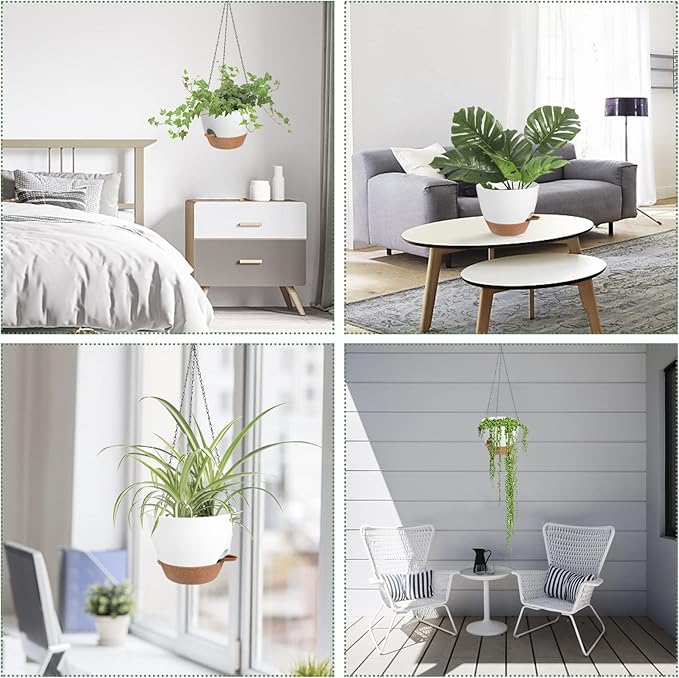 Vanslogreen Hanging Planters for Indoor Outdoor Plants, 2 Pack Self Watering Hanging Pot with Drainage Holes & Removable Tray (White, 8'')