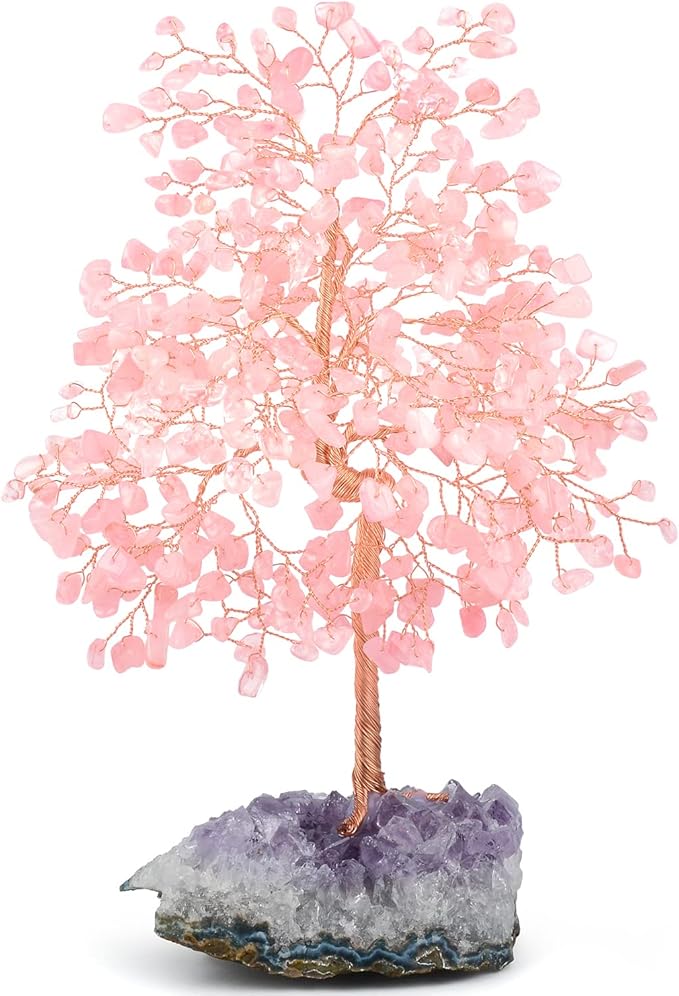 MASGEMES Gemstone Crystal Tree of Life,Natural Rose Quartz(406 Stones Count) with Amethyst Cluster Base,Chakra Positive Energy Feng Shui Decor Bonsai Money Tree,Birthday Gift 8.5''-9''