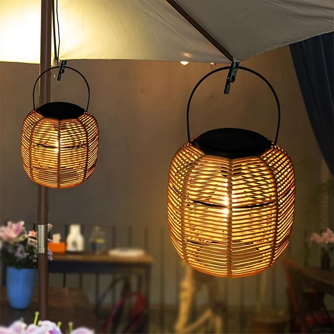 Hanging Solar Lanterns Outdoor Waterproof, 2 Pack Rattan Outdoor Lanterns, Outdoor Solar Hanging Lights, Lantern Lamp Decorations for Outside Yard Garden Pathway Porch Indoor Table Rattan Decor