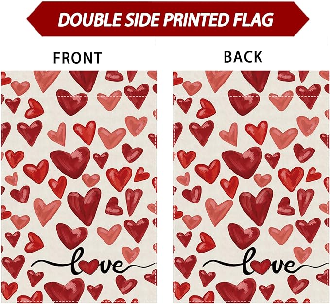 Valentine’s Day Watercolor Red Love Hearts House Flag Big Large Burlap 28X40 Inch Vertical Double Sided Outside Yard Holiday Outdoor Farmhouse Decoration