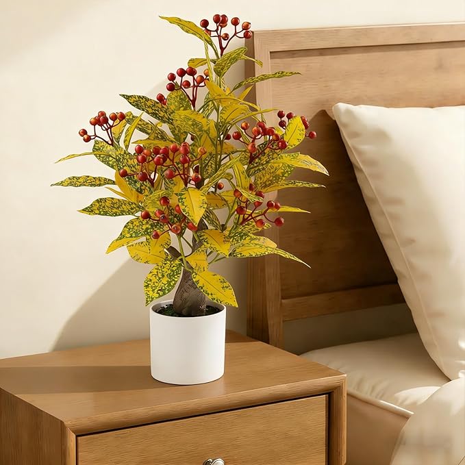 24" Artificial Greenery Tree with Pot, Indoor Fake Green Plant Small Faux Berry Branches Green Potted Tree Stems for Tabletop Kitchen Livingroom Bedroom Bathroom Home Office Decor (Orange-red Berry)
