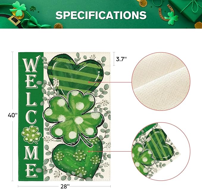 AVOIN colorlife St Patricks Day House Flag 28x40 Inch Double Sided Outside, Shamrocks Clovers Hearts Welcome Yard Outdoor Decoration