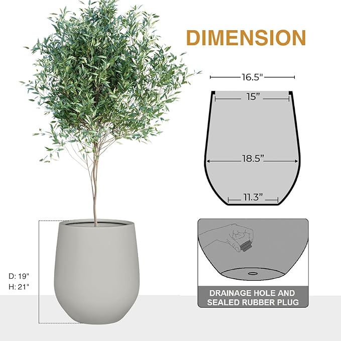 KUTE NEST 21" H x 19" D Corso Fiberstone Round Tapered Planter with Drainage Hole, Smooth Finishes, Weather Resistant, Included 2 Extra Coco Mats (Light French Gray, 15" Pot Opening)