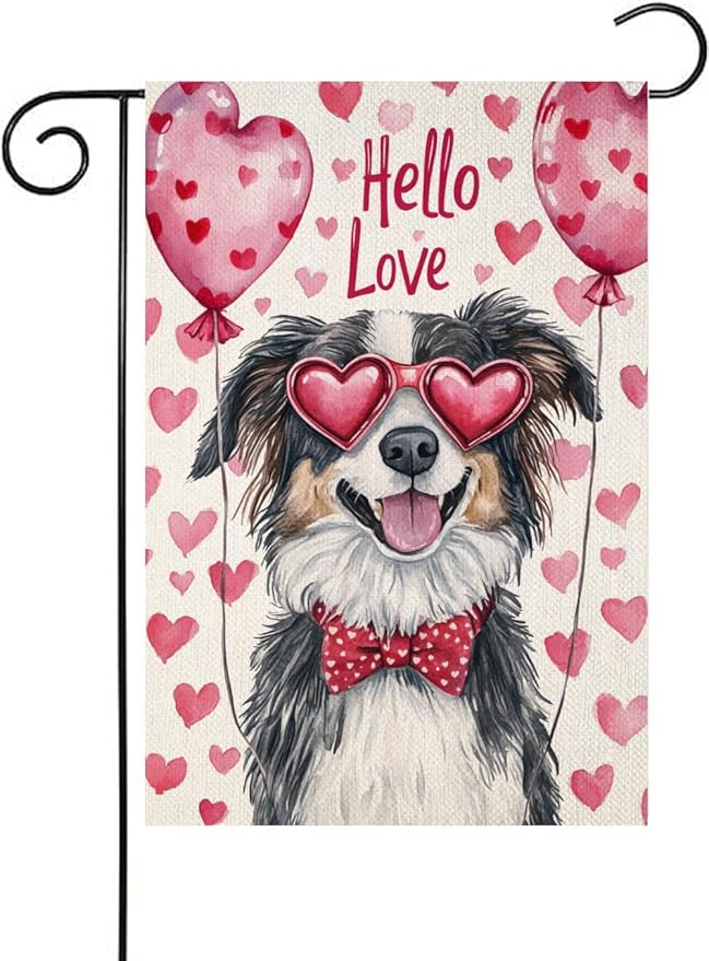 Valentine's Day Australian-Shepherd Hello Love Garden Flag, House Yard Plaid Love Heart Outside Decoration, Spring Holiday Wedding Anniversary Outdoor Small Decor 12x18(12651)