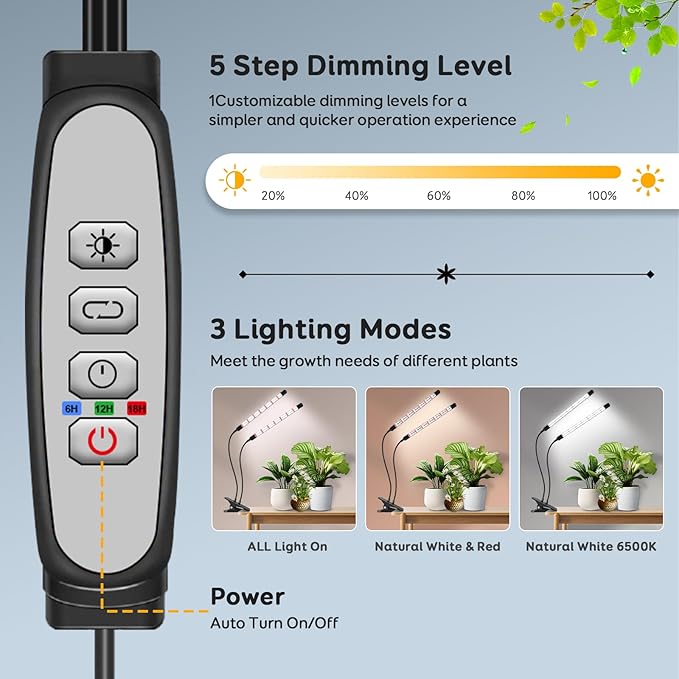 SDOVUERC V-Shape Grow Lights for Indoor Plants Full Spectrum, 2 Heads LED Plant Lamps with Clips and 5 Dimmable Level and 6/12/18H Timer for Plant Growing(Pack 2)