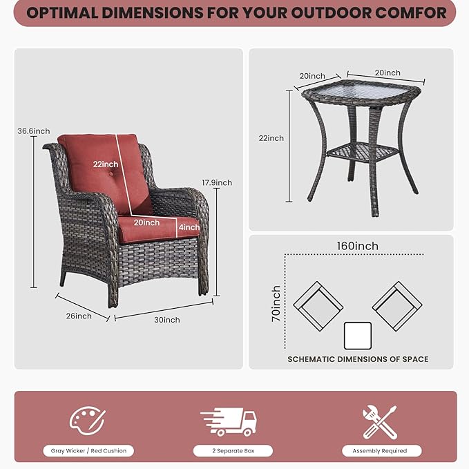 Belord Outdoor Furniture Set Patio Wicker Chairs, 3 Peices Porch Rattan Furniture with Side Table, Deep Seating Patio Bistro Chair Sets (Red Cushion)
