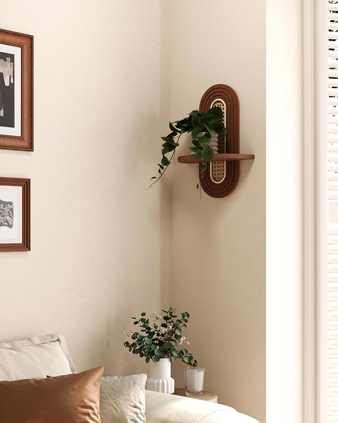 Bamworld Boho Wall Decor Brown Plant Wall Shelf, Mid Century Modern Decor Hanging Plant Shelf, 1-Tier Bamboo Floating Shelves for Home, Bathroom Bedroom Living Room, Office Holding Planter Decoration