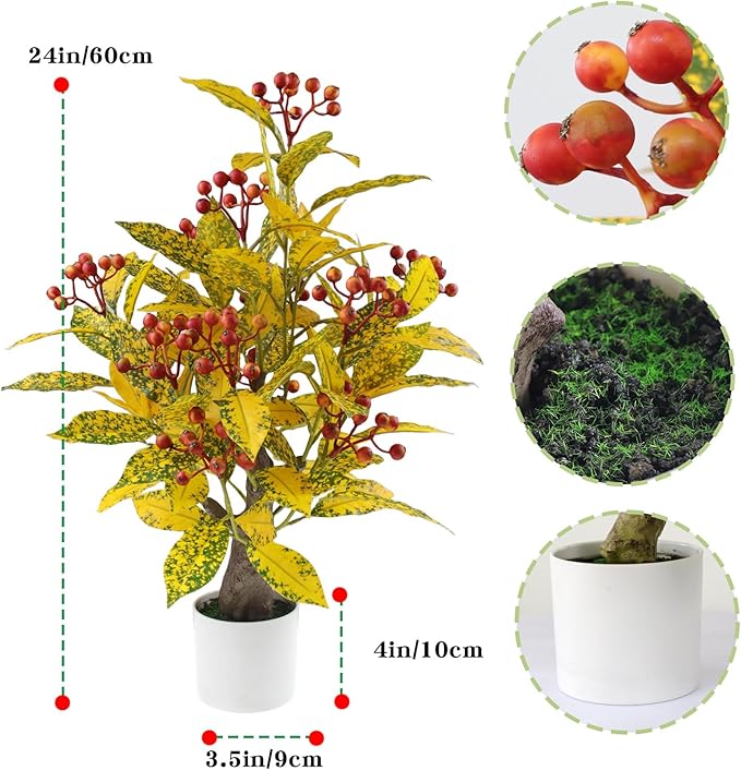 24" Artificial Greenery Tree with Pot, Indoor Fake Green Plant Small Faux Berry Branches Green Potted Tree Stems for Tabletop Kitchen Livingroom Bedroom Bathroom Home Office Decor (Orange-red Berry)