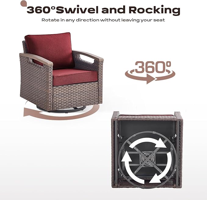 Rilyson Wicker Outdoor Patio Furniture Set - 8 Piece Patio Conversation Sets with Swivel Rocker Chairs, Ottomans, Sofa and Coffee Table, Thick Cushions, Waterproof Wicker, for Porch Deck Brown/Red