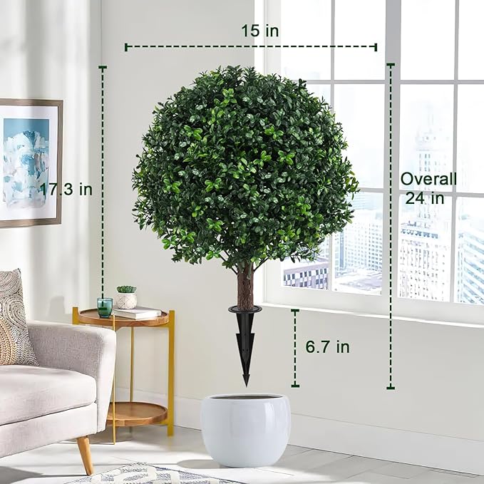Chillchard Set of 2 Artificial Boxwood Ball Trees for Outdoor with Spike, UV Resistant Faux Topiary Ball, Fake Plants Greenery Round Shrubs Bushes for Entryway Front Porch Decor