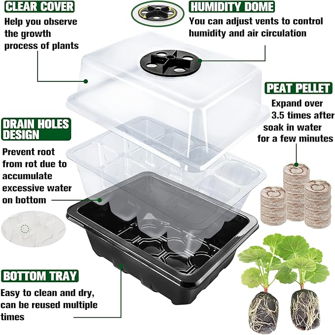 Halatool 4 Pack Seed Starter Tray with 50 PCS Peat Pellets, 48 Cells Black Seeding Starter Trays for Organic Seed Starter Soil Pods for Planting Vegetables Plants Flowers - Starting Seeds Kit