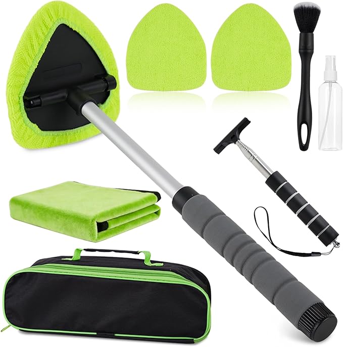 7PCS Windshield Cleaner Tool, Car Windshield Cleaner Tool+Side Mirror Squeegee +3 Microfiber Pads+100ml Spray Bottle+1 Detailing Brush,12-19inches Extendable Handle,180° Rotation