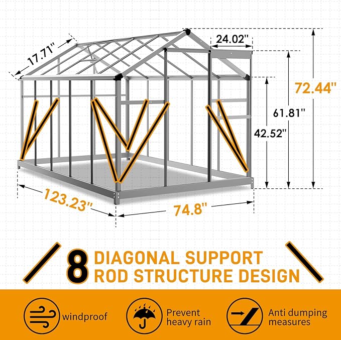 VINGLI 6x10FT Heavy Duty Polycarbonate Greenhouse with 5 Roof Vents, Aluminum Sliding Door, Silver