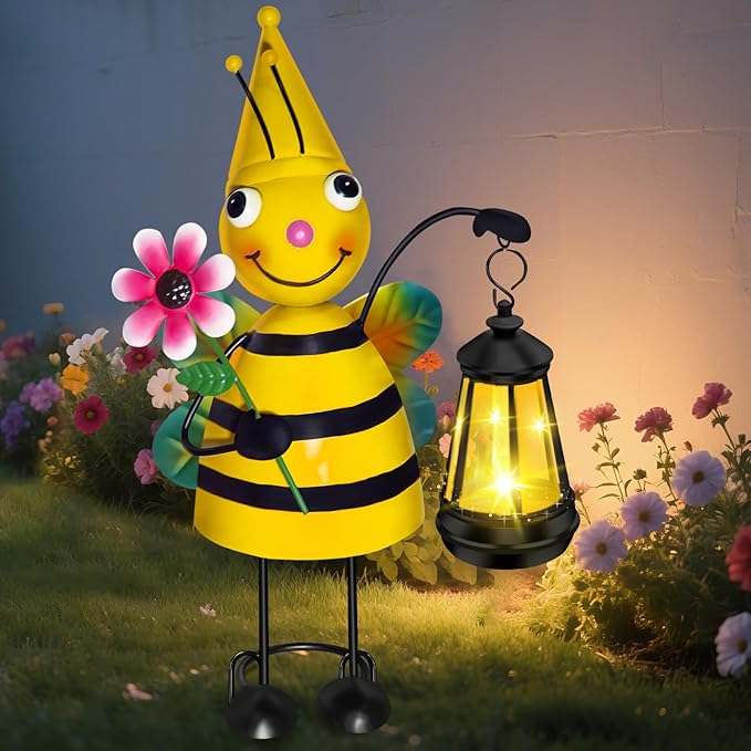 Solar Garden Lights Bee Statue with Solar Lantern Lights,14.17 Inch Garden Lawn Decoration,Birthday Gifts for Women Grandma,Gardening Gifts Decorative Stakes for Yard,Patio,Porch, Christmas,Halloween