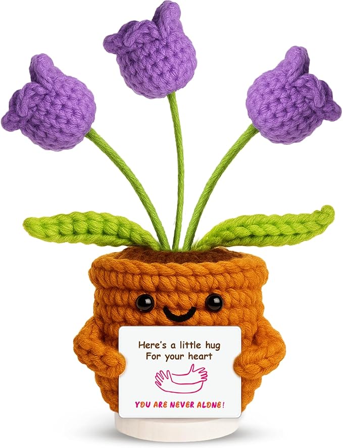 penzoos Emotional Support Plant, Handmade Crochet Potted Flower with Inspirational Message Card,Lavender Chime Knitted Flower, Stress Relief Gift for Friends, Family, and Coworkers