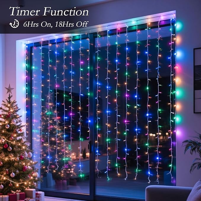 200 LED Rainbow Curtain String Lights 9.8 * 6.6FT Plug in Fairy with Timer and 8 Modes, Waterproof Window Wall Lights for Bedroom Wedding Party Indoor Outdoor Christmas Decor