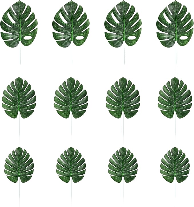 CCINEE 24PCS Green Artificial Palm Leaves, Faux Monstera Leaves Simulation Safari Leaves with Stems for Home Hawaiian Luau Party Jungle Beach Theme Party Decoration