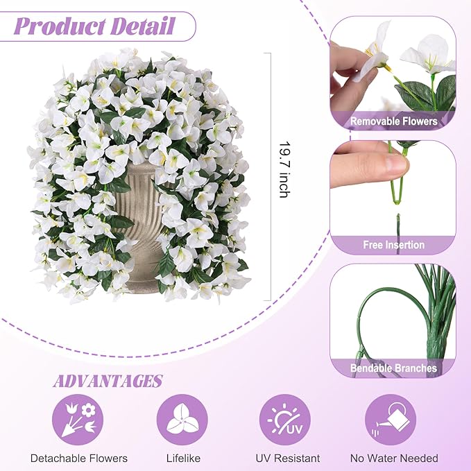 2 pcs Artificial Faux Bougainvillea Flowers Plants for Outdoor Outside Summer Decoration, Fake Silk UV Resistant Long Trailing Vines for Front Door Porch Planter Balcony (White)