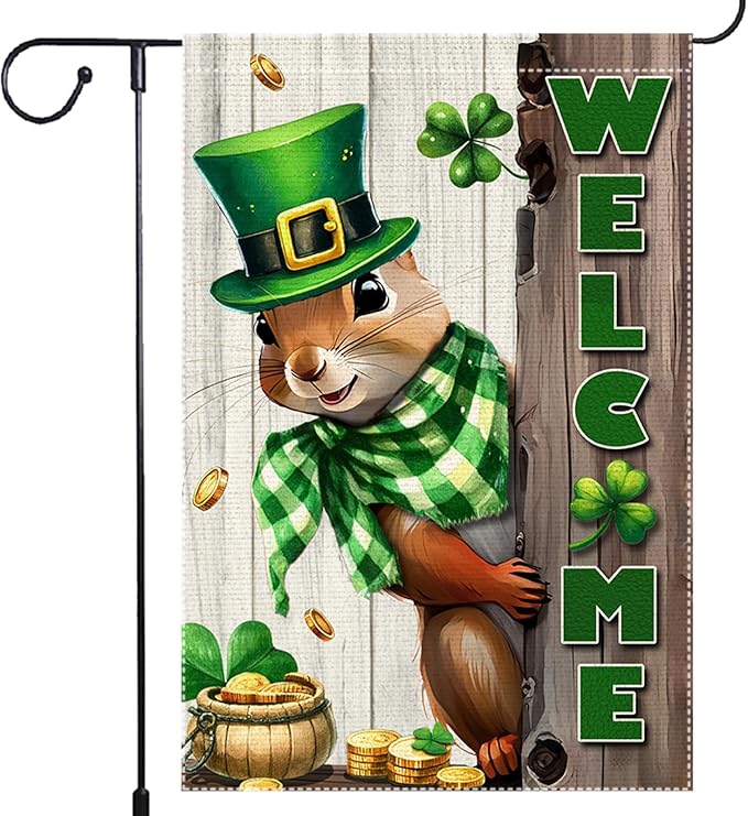 Spring St Patricks Day Garden Flag 12x18inch Double Sided Burlap The Squirrel Lucky Shamrock Garden Flags Happy St. Patrick's Day For Outdoor Yard Patio Lawn Decor,Green Hat with Clovers Gold Coin Pot Welcome Outside Decorations Banner