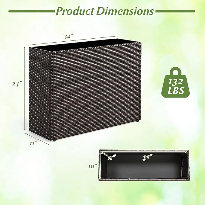 Giantex Set of 2 Wicker Raised Garden Bed, 32”x11”x24”, Rectangular Garden Planter Box w/PE Rattan, Liner Fabric, Wicker Patio Elevated Raised Bed for Vegetable Flower Herb Porch Balcony