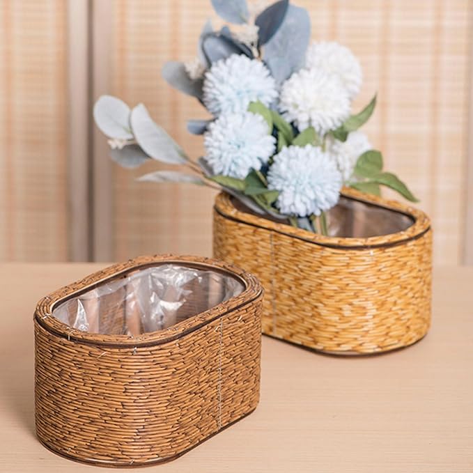 Rattan Flower Basket, Wicker Woven Planter with Plastics Liner, Hand Woven Basket Planter, Desktop Flower Pot for Bathrooms Kitchens Home Office