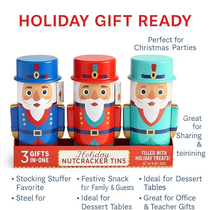 Nutcracker Holiday Treat Tins with Mini Waffle Cones, 3-Count – Festive Christmas Gift Set, Assorted Holiday Snack Cones, Resealable Decorative Tins, Seasonal Party