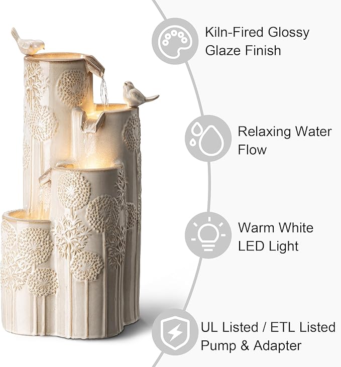 Glitzhome 31.75" H Outdoor Water Fountain with LED Lights and Pump, 4 Tier Dandelion Texture Vase Shaped Ceramic Floor Standing Fountain with Birds for Porch Deck Garden Patio Backyard, Sand Beige