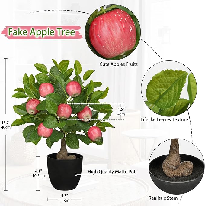 Artificial Fruit Tree Potted Plants - Fake Apple Tree Artificial Fruit Plant 15.7" with Black Pot Faux Plants Indoor Decor for Home Office Living Room Table Desk Scenery Arrangement