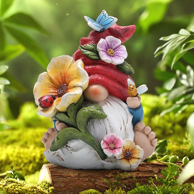 Hodao Gnome Figurine Decorations Indoor Home Decor Butterfly Bee Seven Star Ladybug - Dancing Spring Petal Gnome - Summer Garden Patio Gnome Sculpture Decorations (Flower gnome)