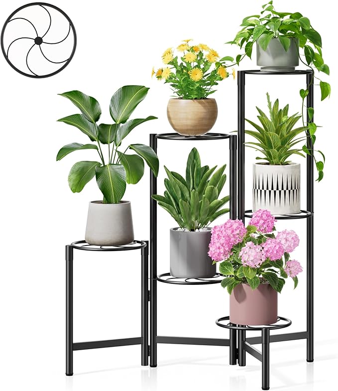 NQW Outdoor Plant Stands for Patio Corner Tall Plant Stand Indoor Metal Flower Pot Stands for Multiple Plants 6 Tier Heavy Duty Shelf Black Kite