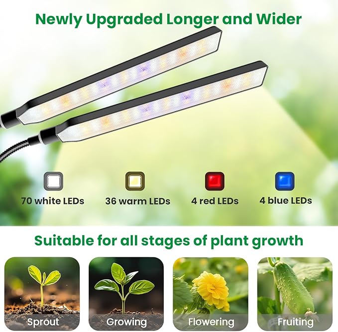 Aumtrly Grow Light Clip on 2 Pack, 228 LED Full Spectrum Plant Lights for Indoor Growing, 2 Head Black Arm Grow Lamp with Gooseneck, 6/12/16H Timer, 5 Dimming, 3 Light Mode
