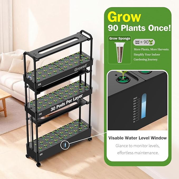 Large Hydroponics Growing System Kit, 90 Pods Vertical Indoor Herb Garden Kit with 2 Light Modes & Auto Circulating Water System, 40L Movable Indoor Gardening System for Herb Vegetable Fruit
