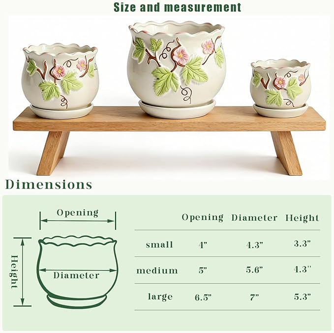 Vintage Flower Pots for Indoor Plant, Round Ceramic Plant Pots with Drainage Holes and Saucers, 6.7/5.2/3.9 Inches Retro Flower Planters Set of 3 (Morning Glory)