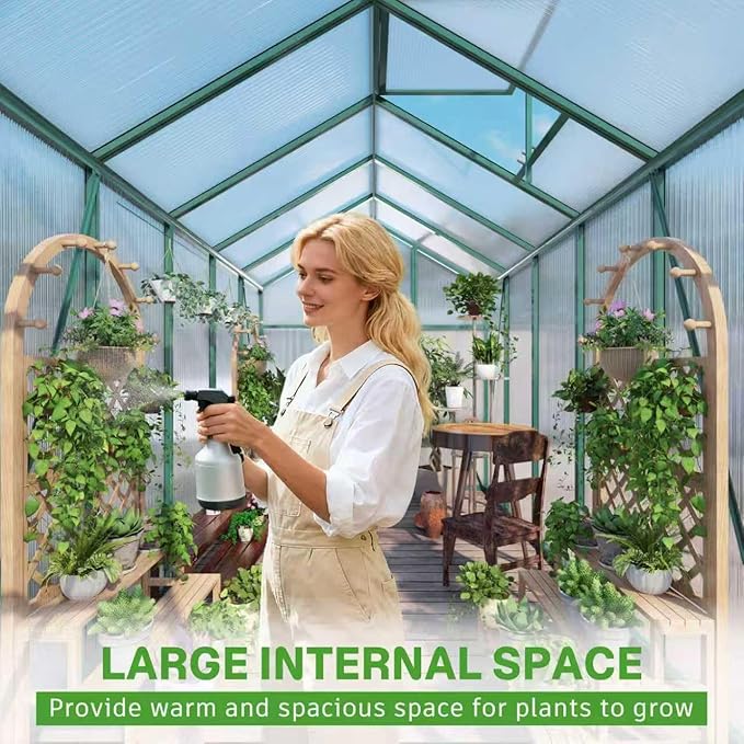 Greenhouse for Outdoors 6.1x8.1x7.2FT, Polycarbonate Green House with Roof Vent, Lockable Door and Ground Nails, Heavy Duty Aluminum Walk-in Greenhouse, Large Sunroom for Garden, Green