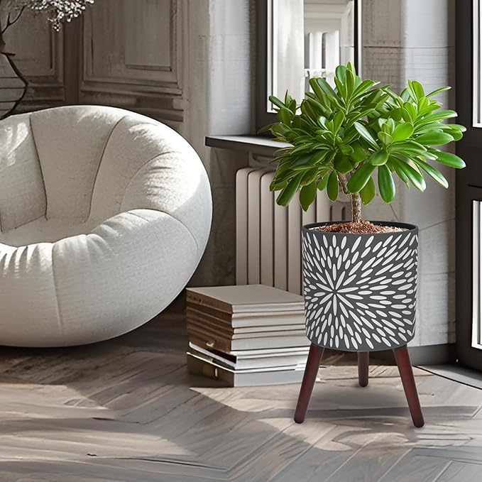 Opnons 12 Inches Plant Pot with Stand, Large Modern Standing Planters for Indoor Plants with Drainage Holes, Gray Flower Pots with Legs