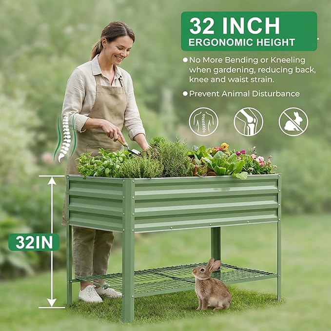 Elevated Raised Garden Bed with Legs, 48x24x32in Galvanized Planter Box Outdoor with Storage Rack & Drainage Holes, Large Metal Raised Beds for Gardening, Backyard, Patio, Balcony, Olive Green