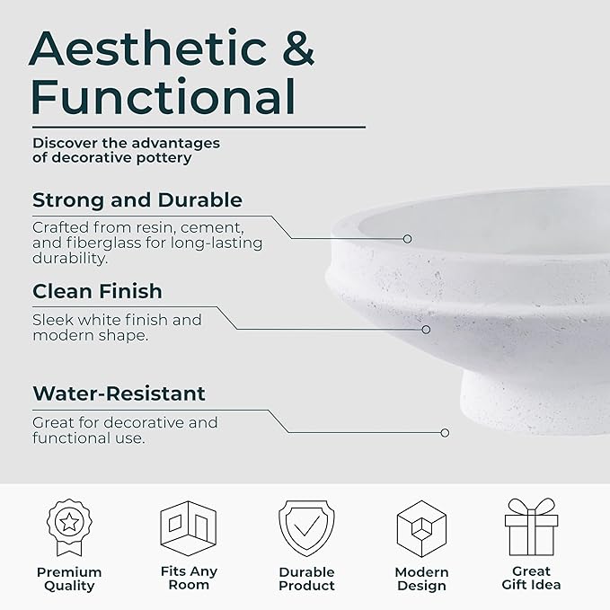 Set of 2 Decorative Planter Pots – Resin Cement Fiberglass Plant Holders with Contemporary Shapes – Indoor Outdoor Modern Garden Pots for Living Room, Entryway, or Patio – 8" & 6", White