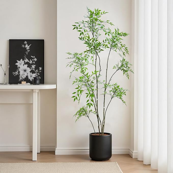 Artificial Nandina Domestica Tree, 7ft Tall Indoor Plant, Potted Faux Greenery with Natural Stems